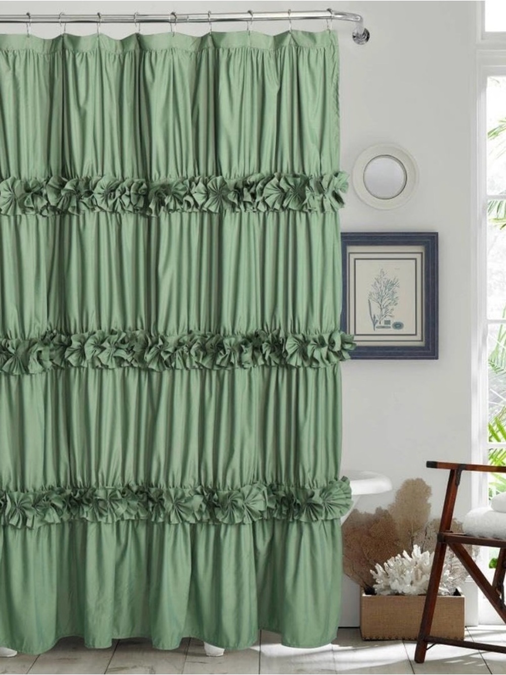 Green Ruffled Shower Curtain - Stylish Bath Accent